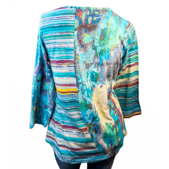 Parsley & Sage Size Small Top Blue Yellow Vibrant Abstract Print Artsy V Neck - Picture 3 of 11